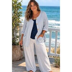 Italian Luca Vanucci Button Up Long Sleeves Pockets Oatmeal Linen Blouse XL...